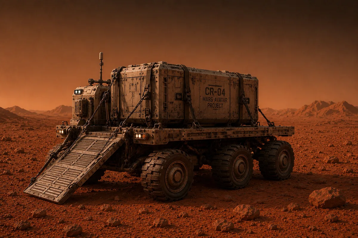 Concept render of the Cargo Robot: a six-wheeled flatbed hauler marked CR-04 carrying a chained modular container, with its loading ramp lowered at the rear