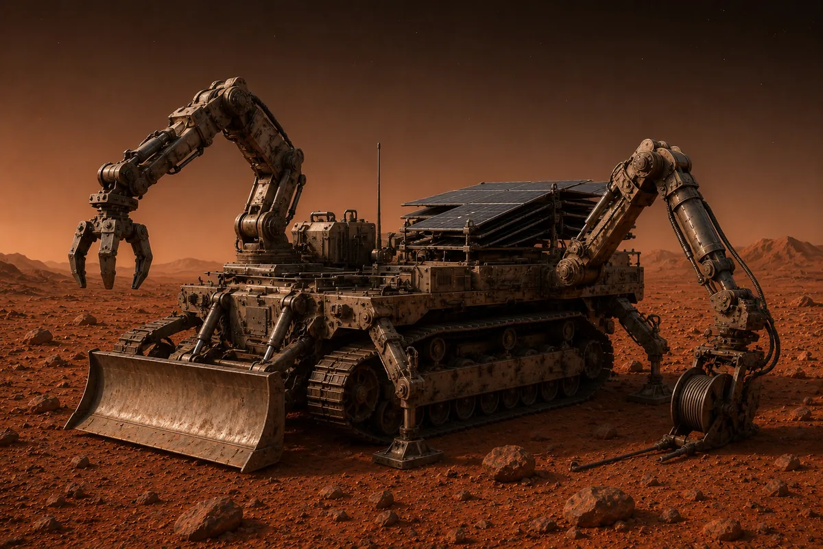 Concept render of the Construction Avatar: a tracked vehicle with two heavy manipulator arms, a levelling blade at the front, a cable reel and a stack of solar panels on the deck, on Martian terrain