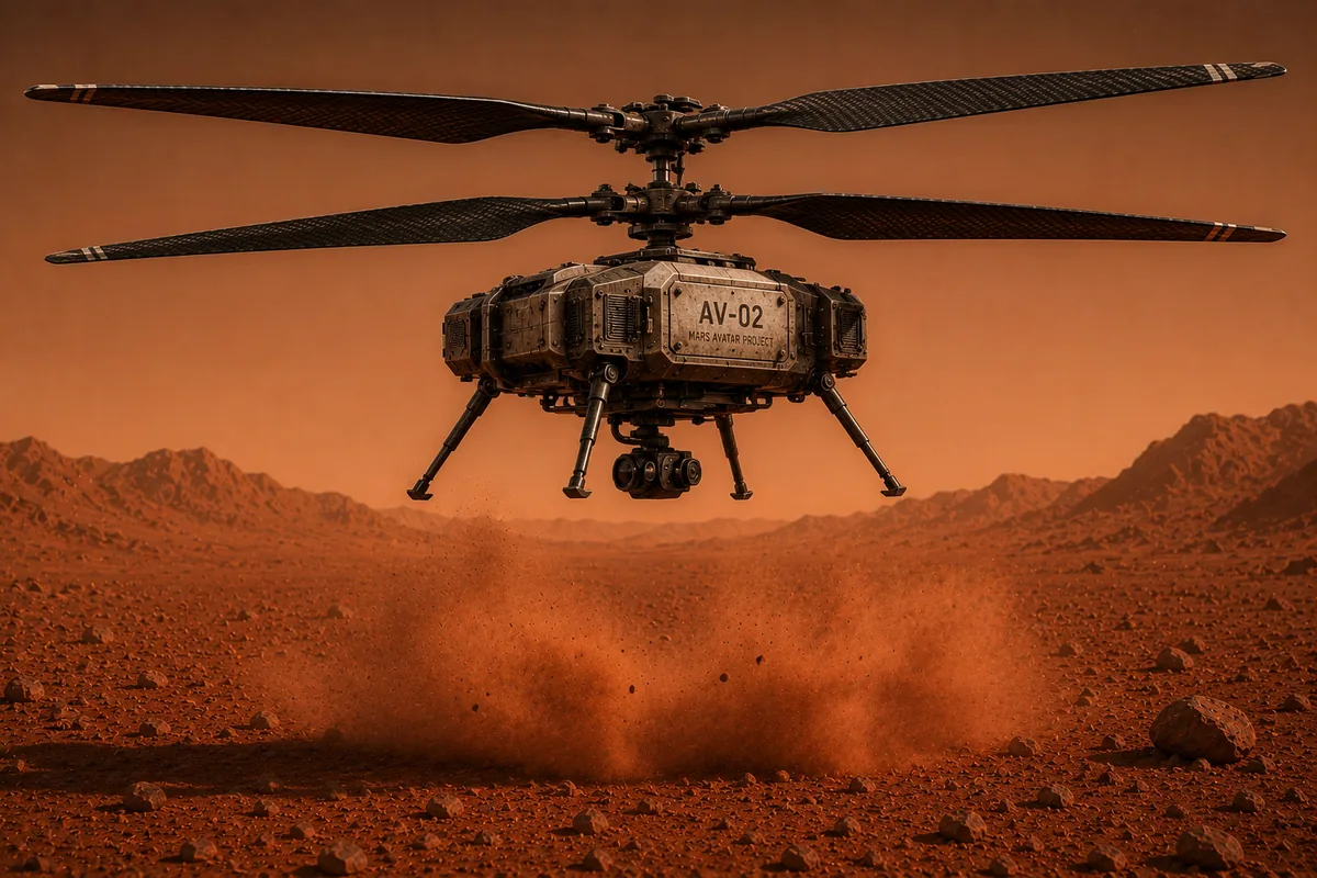 Concept render of the Drone: a coaxial twin-rotor aircraft marked AV-02 hovering low over Martian regolith, raising a cloud of dust, with a camera gimbal beneath the fuselage