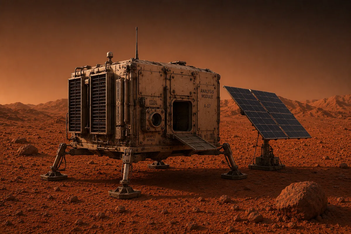 Concept render of the Laboratory Unit: a stationary analysis module marked A-07 on four levelling legs, with a sample intake hatch, radiator panels and a deployed solar array beside it