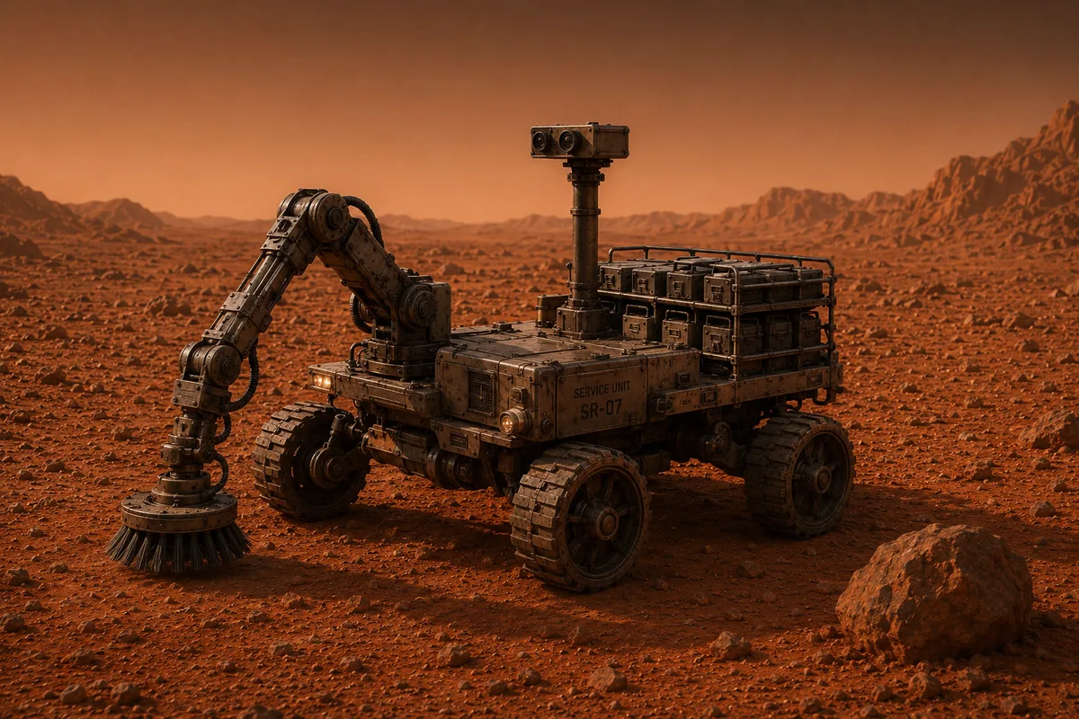 Concept render of the Maintenance Robot: a four-wheeled service unit marked SR-07 with an articulated arm ending in a rotary dust brush and a rack of replacement modules on the deck