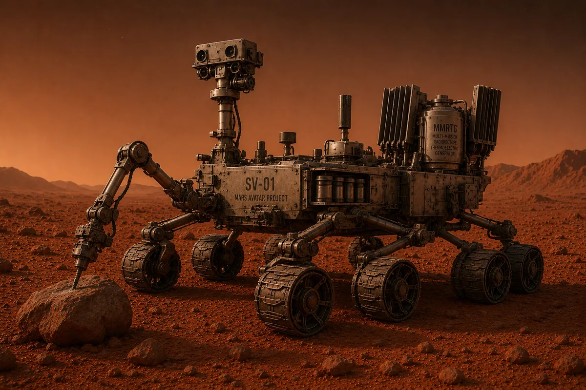Concept render of the Scientific Rover: a six-wheeled rocker-bogie vehicle marked SV-01 with a stereo camera mast, a manipulator arm drilling into a rock, and an MMRTG power unit with cooling fins at the rear